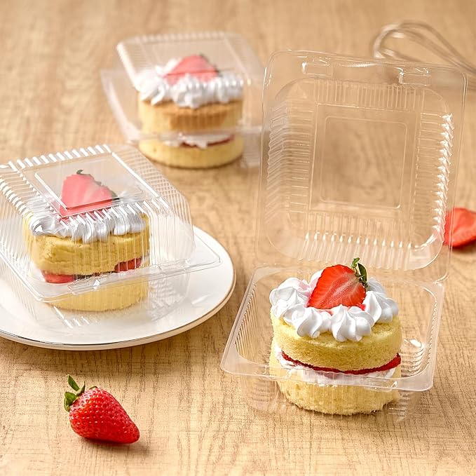 Zezzxu 100 Pack Clear Plastic Take Out Food Containers, Square Cake Slice Containers with Hinged Lids, Disposable To Go Boxes for Cookies, Desserts, Fruits, Salads, Sandwiches