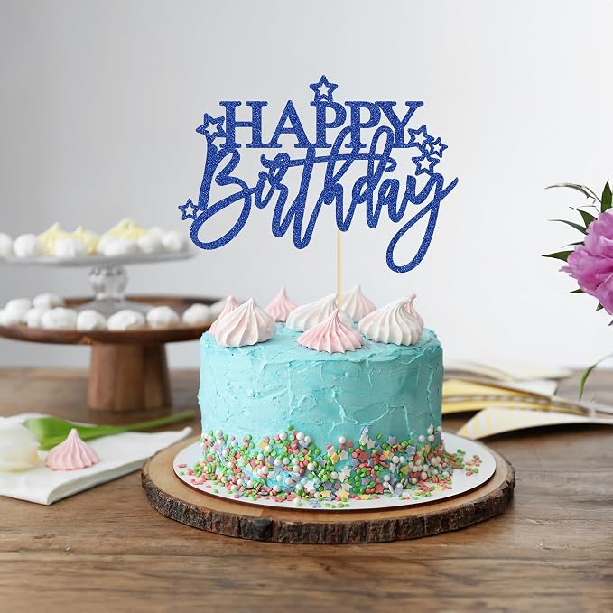 Gyufise 1Pcs Happy Birthday Cake Topper Glitter Happy Birthday Cake Pick for Celebrating Happy Birthday Anniversary Theme Party Cake Decorations Supplies Light Deep Blue