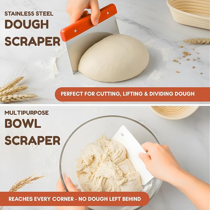 EROIR Sourdough Banneton Bread Proofing Basket Set - 9" Round 10" Oval Linen Lined Baskets Baking Supplies, Danish Whisk, Lame, Bowl Scraper, Dough Scraper, Cleaning Brush, Recipes Book