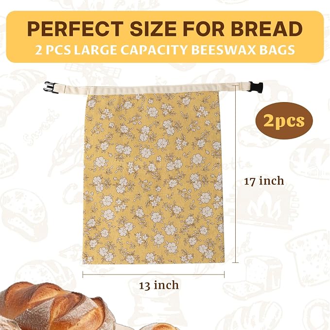 2 Pack Reusable Beeswax Bread Bags for Sourdough,Natural Linen Beeswax Bread Bag for Homemade Bread,Eco-Frendly Food Storage Cloth Bag to Keep Loaf Fresh.(Yellow)