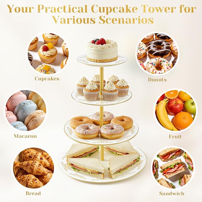 DUJUST 4-Tier Cupcake Stand Tower, British Style Porcelain Tiered Tray with Golden Trim & Pattern, Food Grade Dessert Display Stand, Beautiful Gift for Tea Party & Home Décor - White