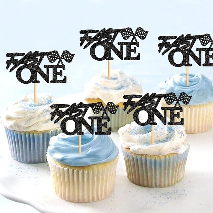 Ercadio 24 Pcs Fast One Cupcake Toppers Glitter Black Fast One Check Flag Cupcake Picks Race Car Party Birthday Cake Toppers Funny Racing Birthday Party Decoration Supplies