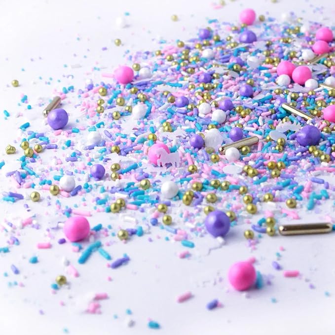 Sprinkle Pop Unicorn Sprinkle Mix| Pastel Pink Purple Blue White Sprinkles with ~10 Unicorn Wafer Paper and Gold Dragees Made in USA for Decorating Princess Birthday Cakes Cupcakes Donuts Cookies, 2oz