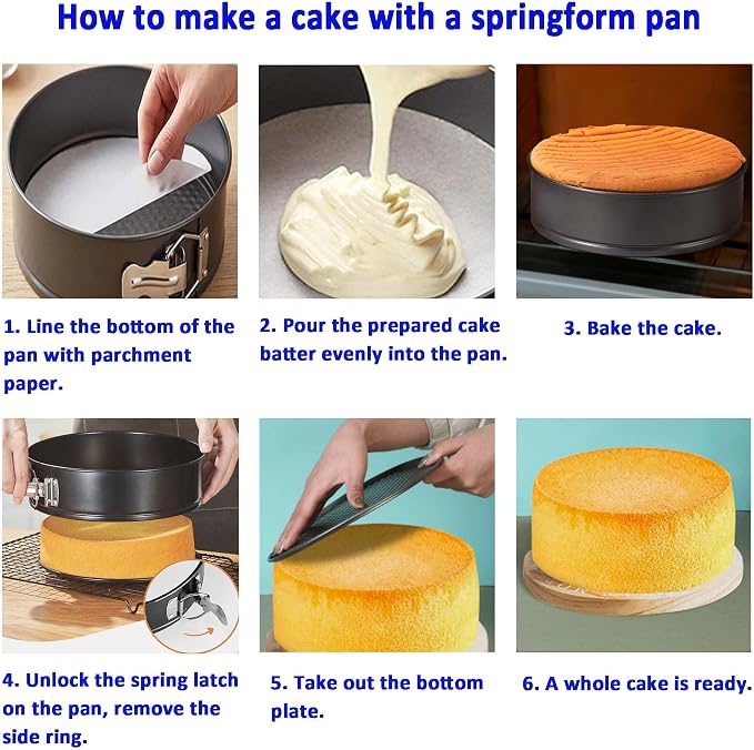 Springform Cake Pan Set with Cake Decorating Kit, Non-stick Leakproof Round Cake Pans of 4, 7, 9 Inches, 12 Pcs Parchment, 3 Cake Scrapers, Resuable Piping Bag, Coupler and Tips