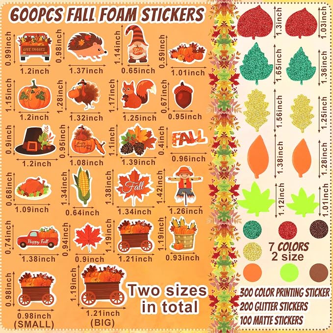 600Pcs Fall Thanksgiving Foam Sticker Glitter Maple Leaf Sticker | Autumn Decals for Kids, School Projects, Classroom Handmade DIY Arts Crafts, Scrapbook, Party Favors Decorations