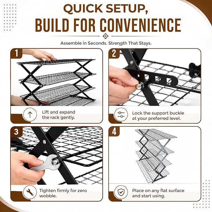 4 Tier Collapsible Cooling Rack for Baking with 12 Piece Cookie Cutter Set - Adjustable Stackable Wire Baking Rack, 3 Setting Design, Space Saving for Cookies, Cakes & Bread