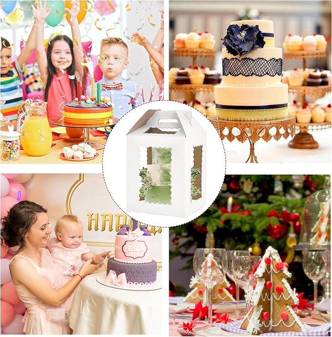 12inch Tall Cake Boxes 6 Windows with handle,12x12x12 Cake Carrier, Tiered Cake Box, Square cake box,largeTake Out Transport Containers Ideal for 10" & 12" Tiered Cakes (3Pack-White)