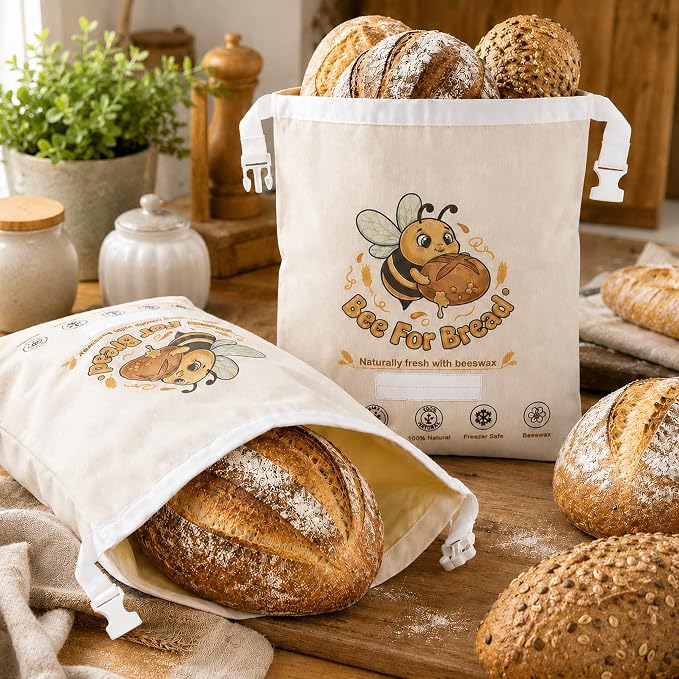 Beeswax Bread Bags for Homemade Bread Sourdough, 2 Pack XL Organic Cotton Linen Beeswax Bread Bag, Reusable Food Storage with Dry Erase Strip, Keeps Fresh, Freezer Safe, Easy Wash, Eco-Friendly