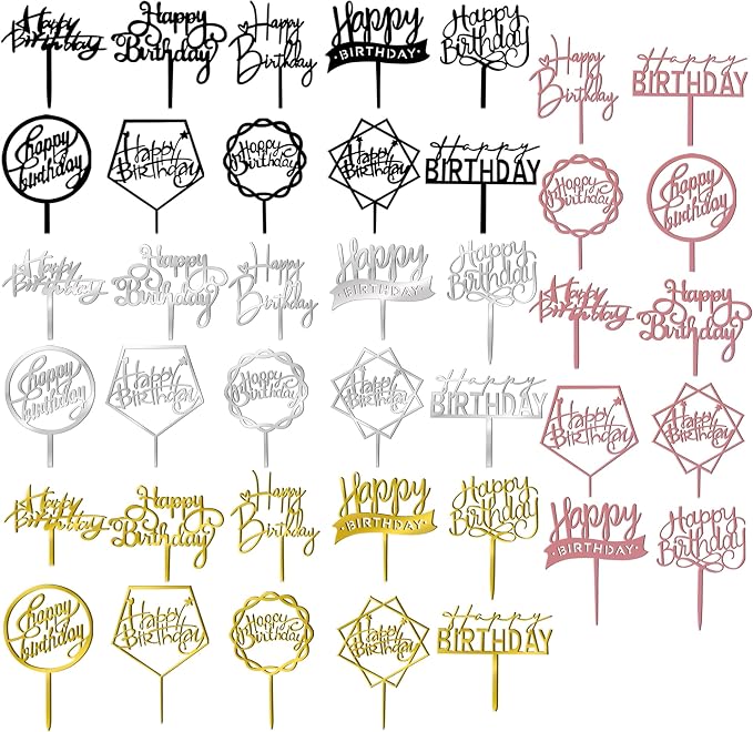 40 PCS Happy Birthday Cake Topper Acrylic Cupcake Topper A Series of Birthday Cake Supplies Decorations 10 Styles 4 Colors