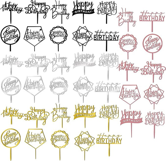 40 PCS Happy Birthday Cake Topper Acrylic Cupcake Topper A Series of Birthday Cake Supplies Decorations 10 Styles 4 Colors