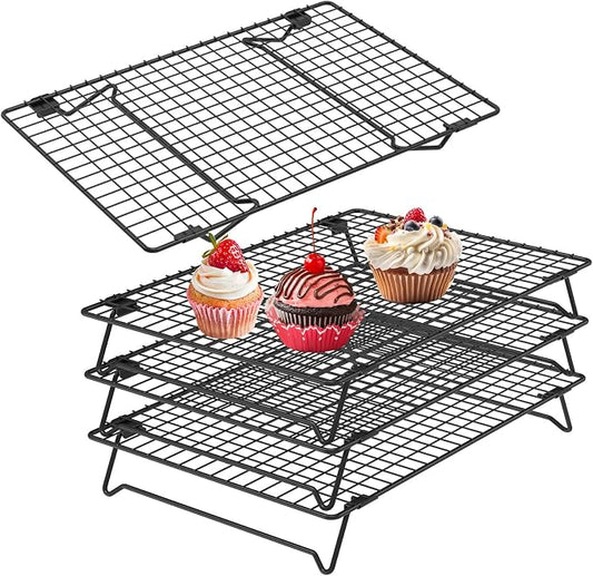 4 Pack Cooling Racks for Cooking and Baking, 13.4 x 9.4 Inch 4-Tier Stackable Cookie Cooling Rack Tall Baking Racks, Carbon Steel Roasting Wire Rack for Baking, Grilling Making Jerky (Black)