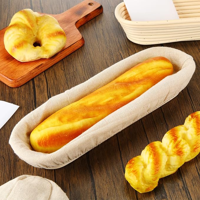 4 Pieces 13.8 Inch Banneton Bread Proofing Basket Oval Long Bread Proofing Basket Banneton Basket Dough Proofing Basket with Liners and Scatters for Home Sourdough Bread Baking