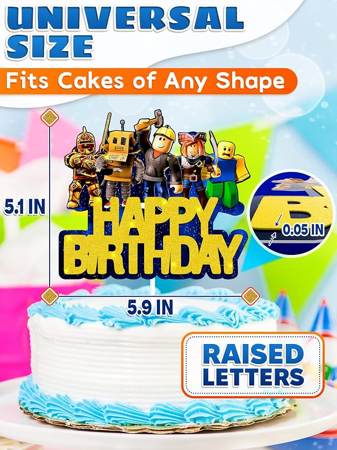 Easy Adjusting Gamer Cake Topper with Eye-Catching Design - 5.1"x5.9" Video Game Cake Topper Happy Birthday, Made from Cardboard with Sturdy Plastic Stick - Boy & Girl Gamer Birthday Party Decorations