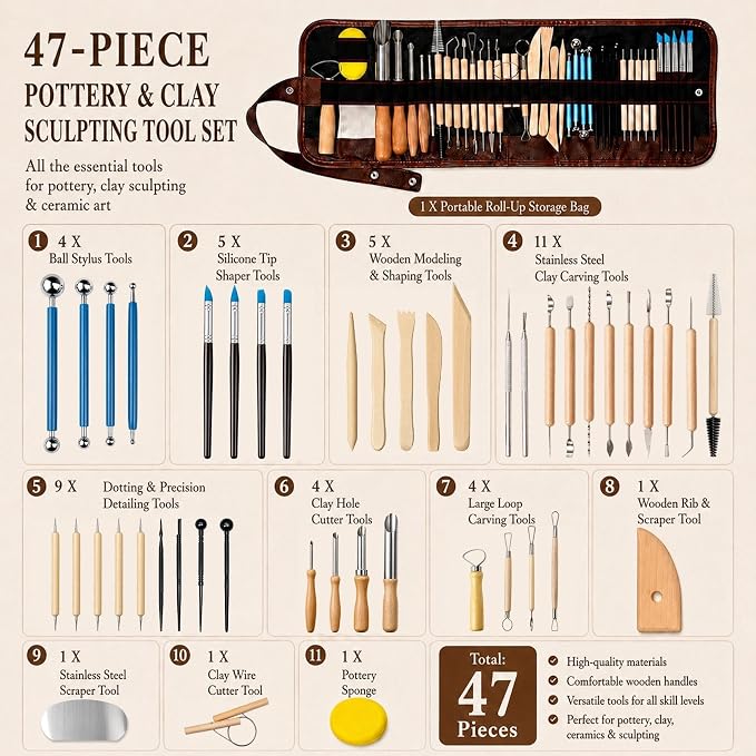 47PCS Pottery Tools Kit, Clay Sculpting and Ceramic Carving Tools for Polymer Clay Modeling, Shaping, Trimming and and DIY Art Projects, for Beginners and Artists