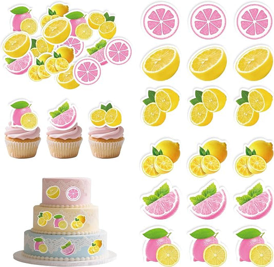72Pcs Edible Lemon Cupcake Toppers Fruits Theme Party Decorations Lemonade Theme Cupcake Toppers for Summer Fruit Theme Theme Party Wedding Bridal Shower Supplies