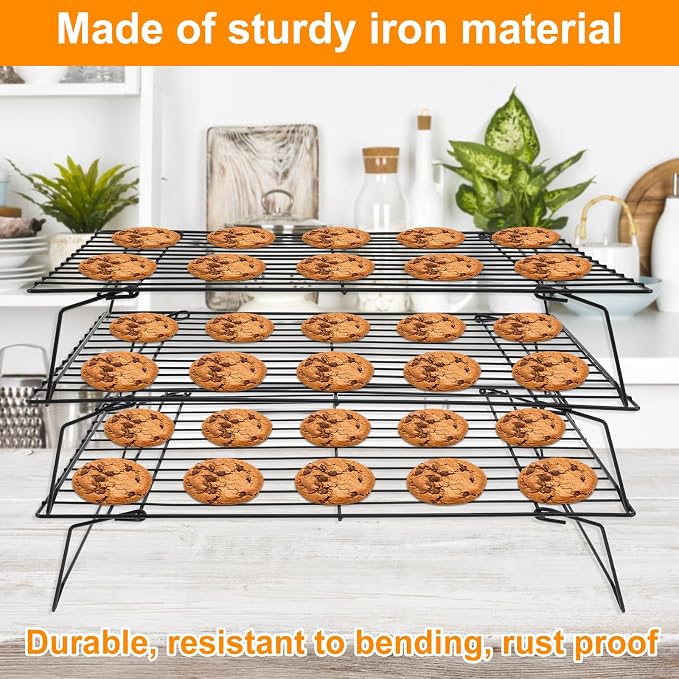 3-Tier Stackable Cooling Racks for Cooking and Baking,13.4”x 9.4”Collapsible Baking Cooling Rack,Non-Stick Cookie Cooling Rack,Space Saving Cooling Rack for Cookies Cupcakes Pies Baking