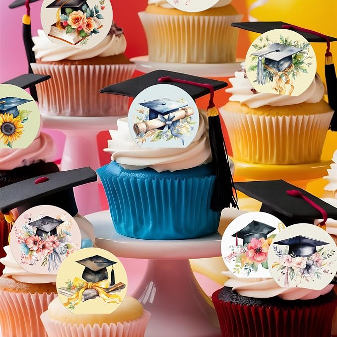 36pcs Edible 2026 Graduation Cupcake Toppers Wafer Paper Grad Cap Diploma Cake Decorations Edible Class of 2026 Cupcake Picks for 2026 Graduation Theme Party Cake Decor Supplies