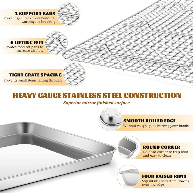Half Sheet Baking Pan with Rack Set, E-far 18”x13” Cookie Sheet for Oven, Rimmed Stainless Steel Tray with Wire Cooling Rack for Cooking Roasting Resting Bacon Meat Steak - Dishwasher Safe
