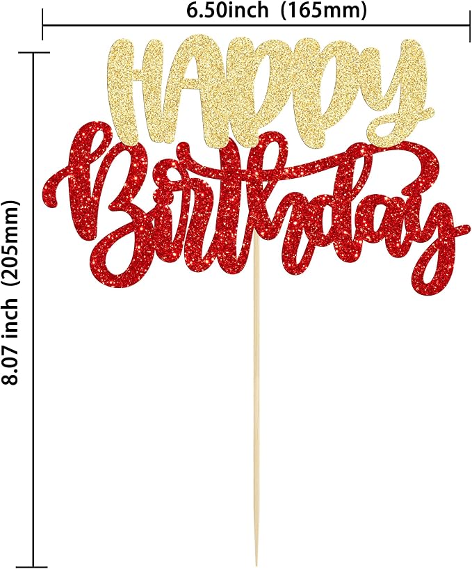 Gyufise 1Pcs Happy Birthday Cake Topper Glitter Happy Birthday Cake Pick for Christmas Theme Wedding Anniversary Theme Party Cake Decorations Supplies Gold Red