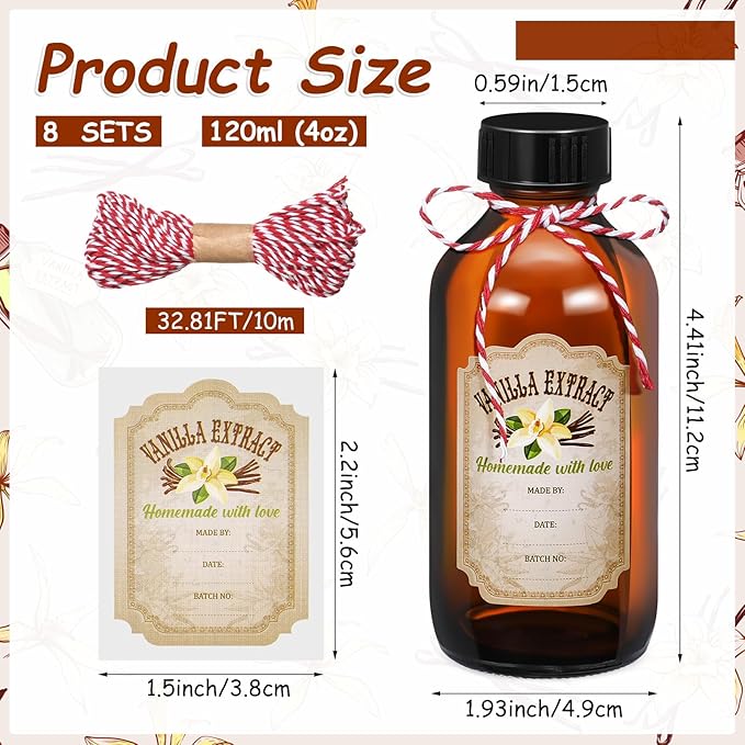 Uiifan 8 Pcs Vanilla Extract Bottles Boston Round with Caps Glass Bottle and 8 Pcs Vanilla Extract Labels Stickers for Syrup Gift Glass Food Storage Canister Set Sauce Beans(4 oz)