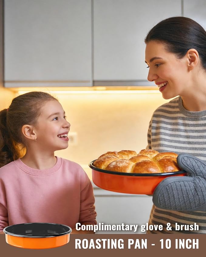 10 Inch Enamel Round Roasting Pan Deep Baking Dish for Chicken Pizza & Bread Heat Resistance Easy-To-Clean Bakeware Sheet Oven Dishwasher Safe, Birthday Gift Cake Pan