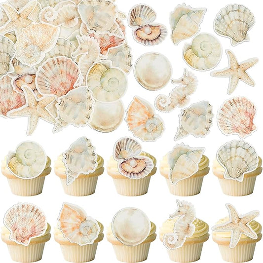 Gyufise 60Pcs Edible Sea Shell Cupcake Toppers Starfish Conch Seahorse SeaShell Cupcake Picks Edible Beach Party Decorations for Under the Sea Baby Shower Wedding Birthday Party Cake Decors Supplies