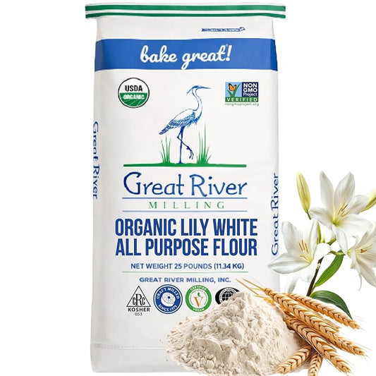 Great River Milling Lily White Organic All-Purpose Flour | Unbleached & Unbromated | Non-GMO, Kosher | Ideal for Bread, Cookies, Cakes, Pizza Dough & Everyday Baking | 25 Lb