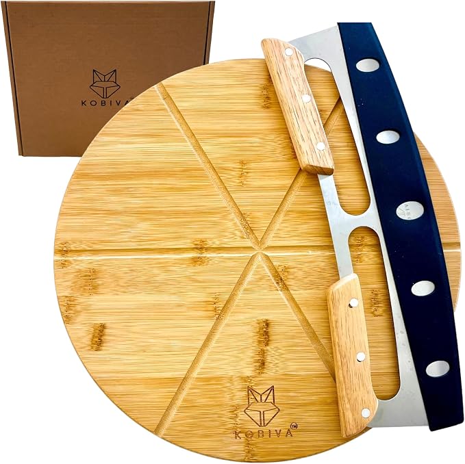 14” Dual-Grip Pizza Cutter Pizza Board | Gift Pizza Set, Best Pizza Cutter Rocker Blade, Bamboo Pizza Cutting Board, Pizza Slicer, Pizza Serving Board, Pizza Rocker Knife For Cutting Pizza Piza