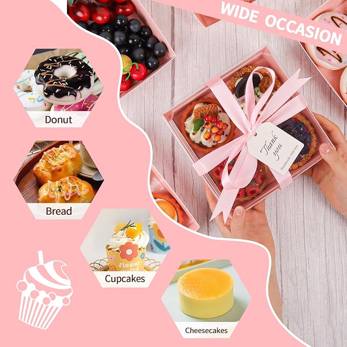 7 x 7 x 2.6 Inches Large Charcuterie Boxes with Clear Lids, 50 Pack Disposable Square Pink Bakery Boxes, To Go Paper Food Container for Cake Slices, Sandwiches, Cookies, Dessert