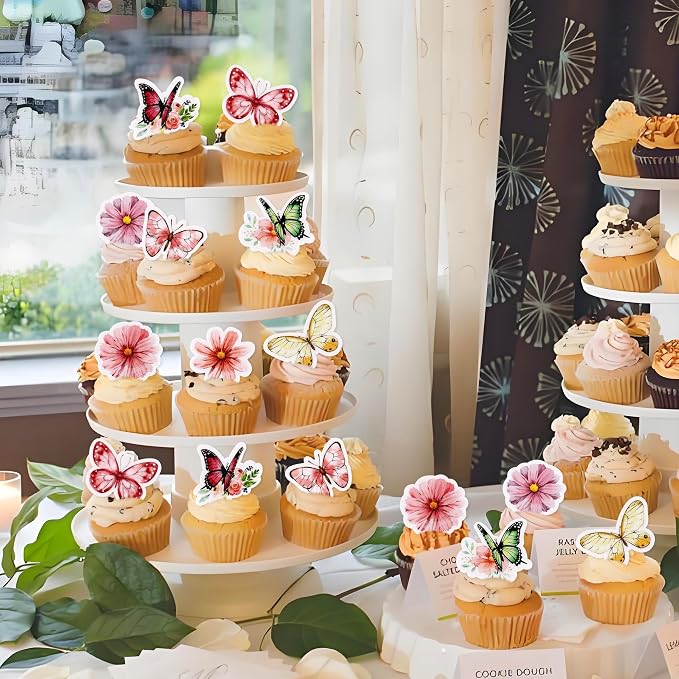 48Pcs Edible Flowers Blossom Cupcake Toppers Butterfly Edible Cupcake Toppers Floral Butterflies Drink Topper for Spring Baby Shower Floral Wedding Girls Birthday Mother's Day Cupcake Decorations