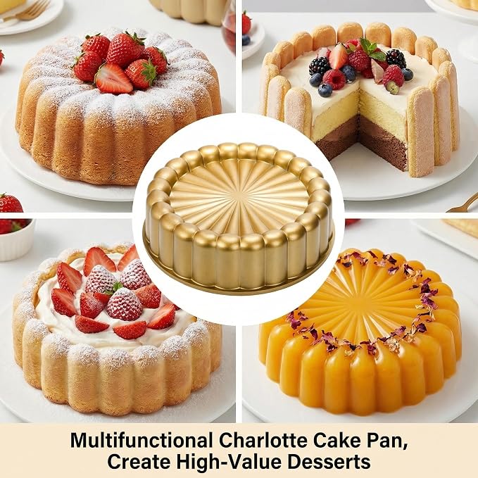 Goaste 9.5 Inch Charlotte Cake Pan, Reusable Fluted Mold, Nonstick Aluminium With Flower Shape for Cheese, Chocolate, Strawberry Shortcake, Brownie Tart Pie