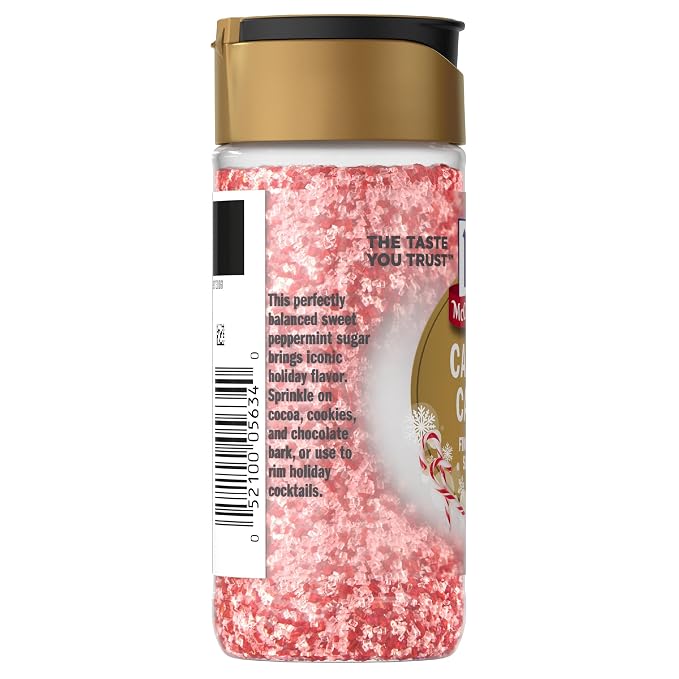 McCormick Finishing Sugar, Candy Cane, Limited Edition, Sweet Peppermint, Iconic Holiday Flavor, For Hot Chocolate, Chocolate Fudge, Bark, Cocktails, and More, 3.81 oz