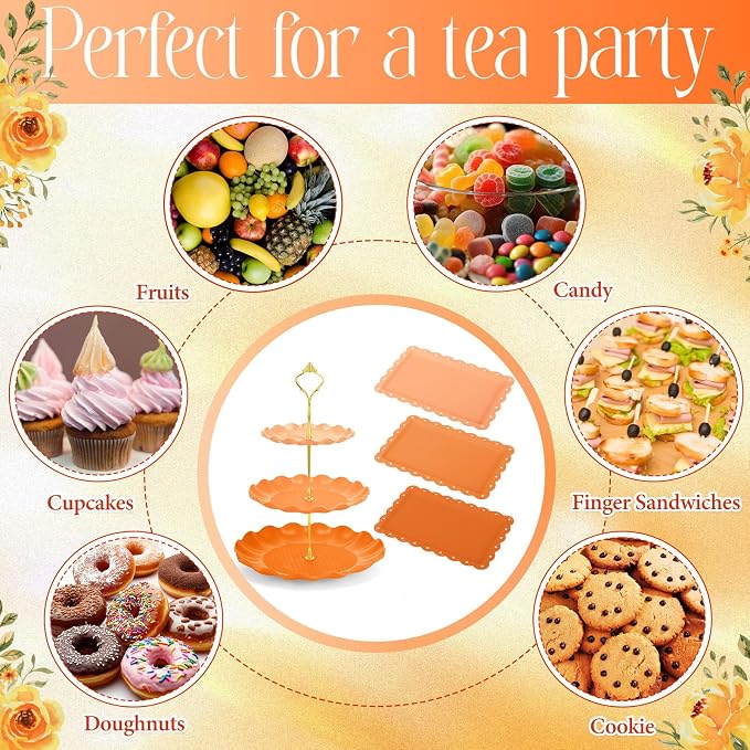 FoldTier 6 Pack Cupcake Stand Set 3 Pcs 3 Tier Gradient Dessert Table Display Stands Cookie Tray Rack 3 X14 in Rectangle Party Trays for Wedding Birthday Tea Party Baby Shower(Orange,Round)