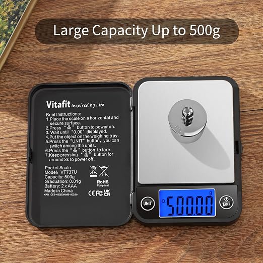 Vitafit 500g Digital Pocket Scale,High Accuracy Assured by Scale Professional Factory Since 2001, Gram Scale 0.01g for Multifunction: Lab,Food, Kitchen,Coffee,Jewelry; Black