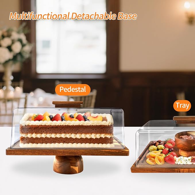 Acacia-Wood-Cake-Stand With Acrylic Lid, Rectangular Cake Plates Charcuterie Board With Cover, 2-in-1 Cake Holder With Dome，Dessert Table Display Stand For Cheese, Chips & Dips, Nachos, Fruit Platter