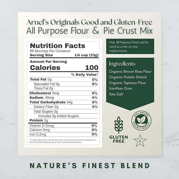 Arnel’s Originals Organic Gluten Free All Purpose Flour & Pie Crust Mix – 1:1 Substitute Baking Mix – Non-GMO, Vegan, Kosher – Ideal for Flaky Pie Crusts, Cookies, Muffins, and Biscuits (5 lb)