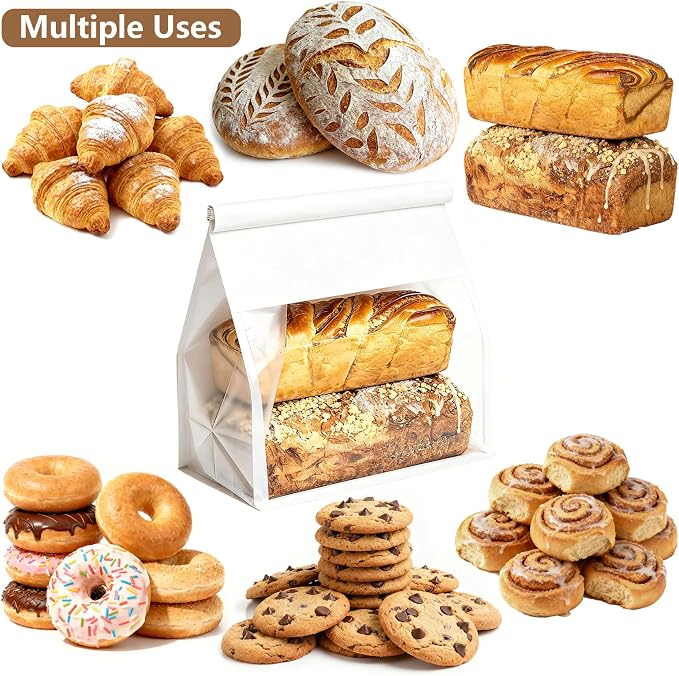 50 Pack Extra Large Paper Bread Bags for Homemade Bread Sourdough Bags, 13.7x10.6x5.5 Inches Resealable Tin Tie Tab Lock Bakery Loaf Bag with Window, Baked Goods Packaging for Gifting and Bake Sale