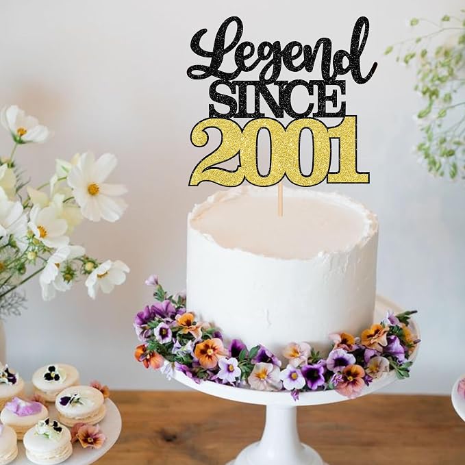 1 PCS Legend Since 2001 Cake Topper Black Gold Glitter Twenty Five Happy 25th Birthday Cake Pick Hello 25 Cheers to 25 Years Cake Decoration for 25th Birthday Anniversary Party Decorations Supplies