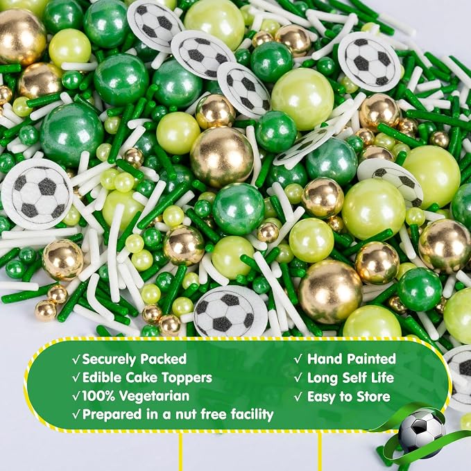 Edible Soccer Sprinkles for Cake Decorating,Food Grade 130g,Baking Sprinkle Mix for Sports & Football Theme Party,Green Gold White Pearls and Jimmies with Soccer Wafer Paper Toppers,for Cupcakes,Ice Cream,Cookies,Donut,Cake Decorations,Match Viewing Ev...