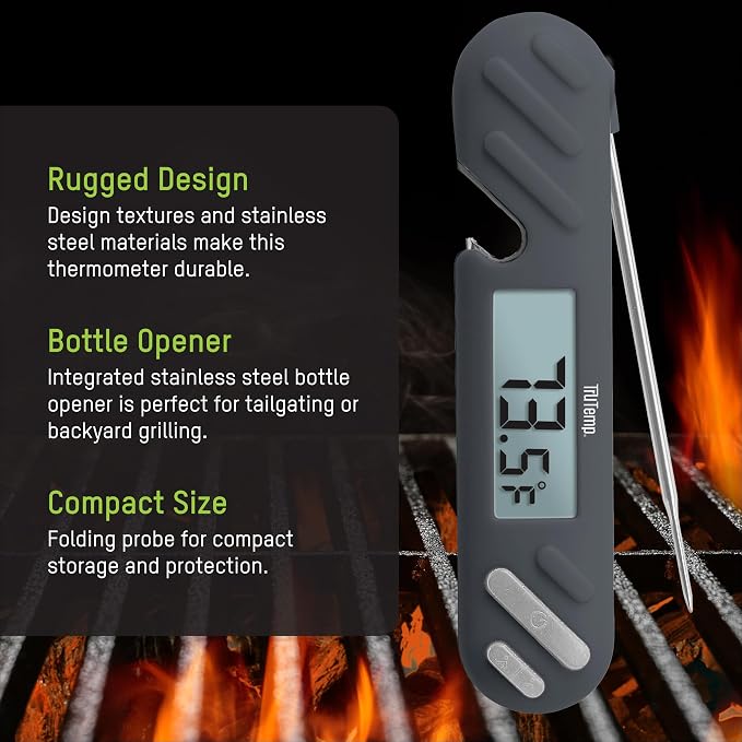 Taylor TruTemp Digital Instant Read Thermometer Meat Probe for BBQ Kitchen with Built in Bottle Opener, Reliable Folding Probe Easy Read LCD Grilling Cooking Tool, Gray