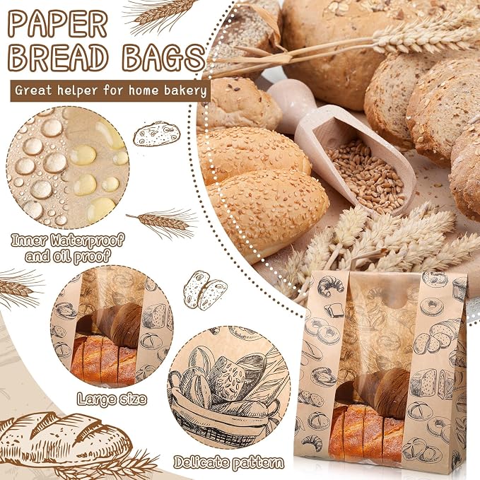 MotiMind 100 Packs Paper Bread Bags for Homemade Bread Sourdough 14 x 8.3 x 3.5 Inches Kraft Paper Bakery Bag with Window Label Seal Sticker for Baked Food Packaging Storage(Brown)