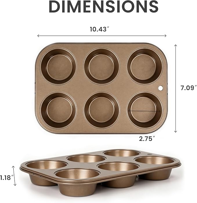 6-Cup Nonstick Muffin Pan for Baking, Heavy Duty Carbon Steel Cupcake Pan and Muffin Tin, Muffin Baking Pan for Cupcakes, Muffins, Brownies and Egg Bites