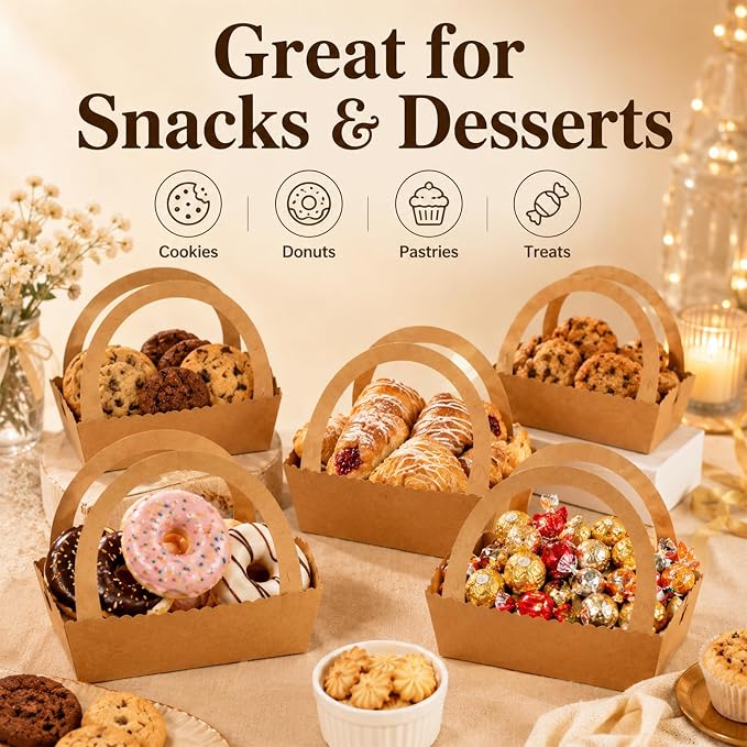 RAINFLOW 13 Kraft Gift Boxes with Handle - Brown Basket for Snacks | Brown Boxes With Handles For Cookies, Donuts, Pastries, DIY and Party Gifting, Christmas, Wedding, Birthday, Anniversary