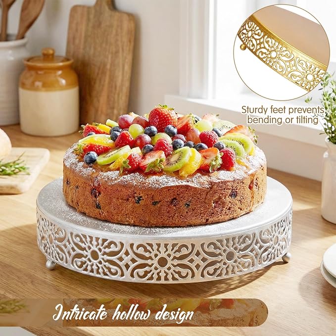 Wenqik 16 Inch Cake Stand Round Metal Cupcake Dessert Wedding Cake Stand Cookies Display Holder Fruit Food Serving Tray for Table Wedding Birthday Anniversary Party Decor (Silver)