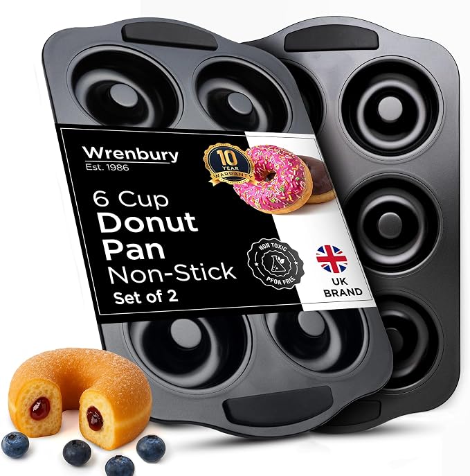 Wrenbury Donut Pan for Baking 6 Cup Set of 2 - Doughnut Mold Baking Tray | Large Carbon Steel Bagel Molds - 3.5” Cup - Easy Clean