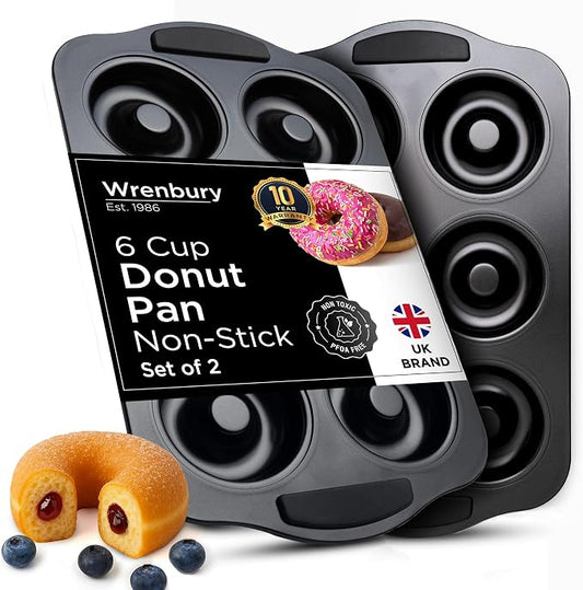 Wrenbury Donut Pan for Baking 6 Cup Set of 2 - Doughnut Mold Baking Tray | Large Carbon Steel Bagel Molds - 3.5” Cup - Easy Clean