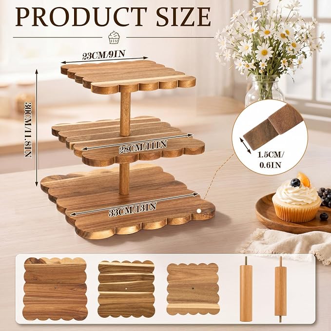 Novabright 3 tier Square Acacia Wood Cupcake Stand Rustic Square Dessert Display, Sturdy Wooden Cake Stand for Weddings, Parties Kitchen, Baby Shower, Birthday