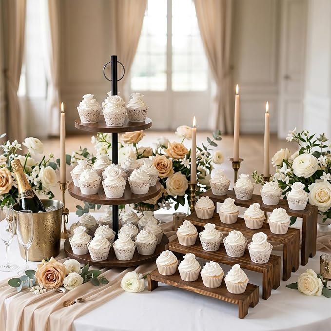 Wooden Cupcake Stand Set of 2, 3 Tier Rotating Dessert Tower & 4 Tier Stackable Cupcake Stand, Rustic Cake Display Rack for Wedding Birthday Baby Shower Graduation Christmas Halloween Party