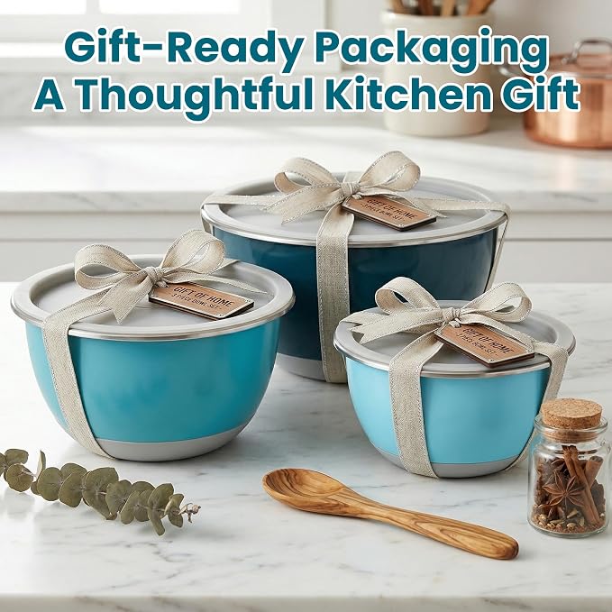 Rorence Mixing Bowls Set with Lids, 18/8 Stainless Steel Mixing Bowls with Non-Slip Silicone Base & Measurement Marks, Airtight Food Storage for Baking, Cooking & Meal Prep,1.5QT/3QT/5QT/Blue