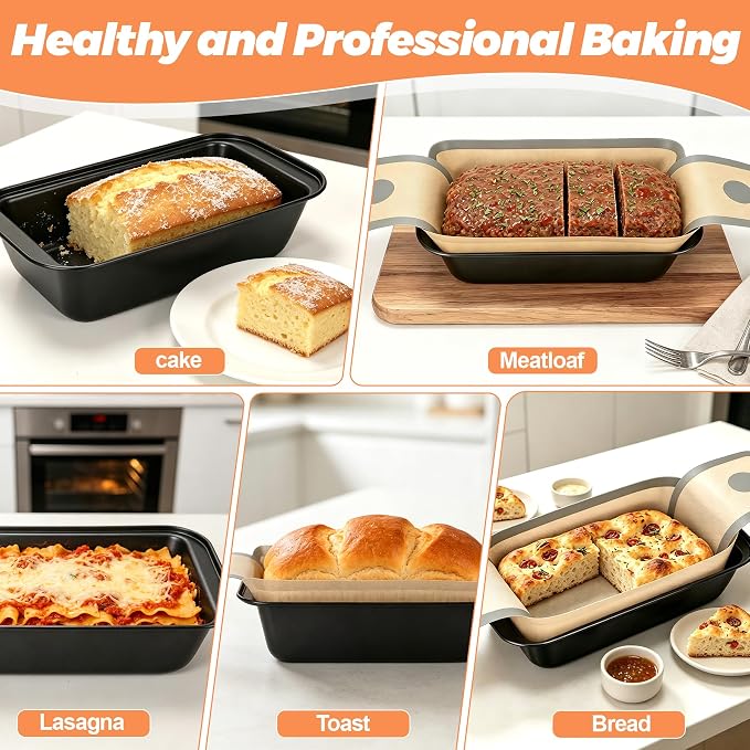 HOTEC Bread Loaf Pan with Liner Set of 4, Nonstick Bread Pans for Homemade Bread with Silicone Bread Sling Liners for Easy Release, Even Heat Distribution Bakeware for Meatloaf Lasagna Cake